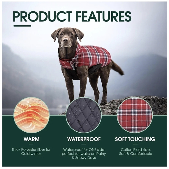 KUOSER Reversible Black and Plaid Dog Jacket #447 - Picture 2 of 10